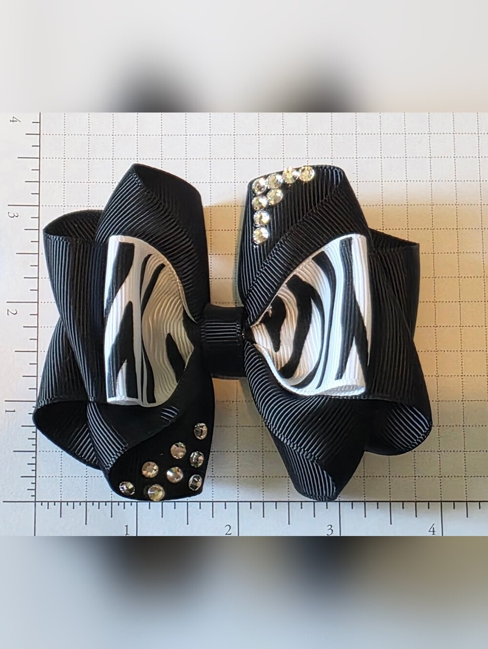 Black Zebra Print Hair Bow with Rhinestone Accents